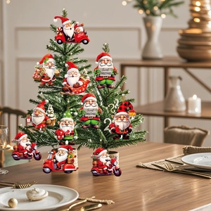 Close-up of 11 assorted wooden Christmas ornaments on a tree featuring Santa and elves