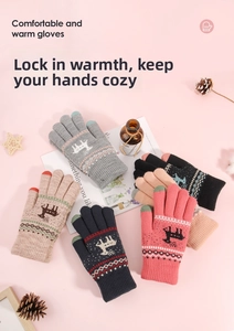 Detail of touchscreen winter gloves showing Nordic deer patterns and multiple color options