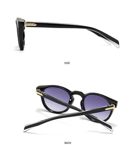 Detail of round black sunglasses with purple gradient lenses and gold hinge hardware