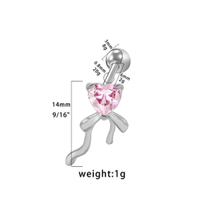 Dettagli del piercing all'ombelico argento con cuore rosa e fiocco con misure del prodotto