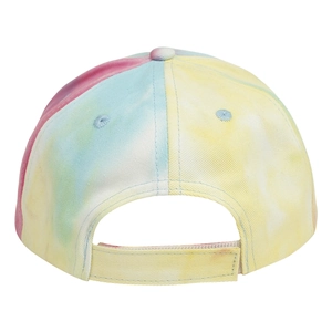 Detail view of adjustable back strap on colorful tie-dye kids hip-hop baseball cap