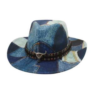 Retro western cowboy hat with blue denim patchwork and a metal bull head pendant