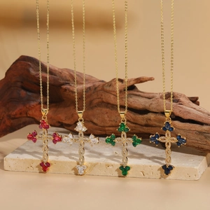 Cross Flower Pendant Necklace Copper 14K Gold Plated Zircon Pear Cut Micro Pave Hip Hop Style Jewelry For Women