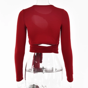 Detailansicht eines roten Langarm-Crop-Tops mit Rückenausschnitt und Schnürung hinten