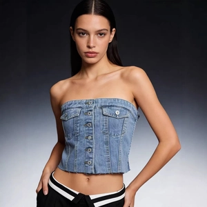 Slim fit light blue denim tube top with metal buttons and raw hem for women
