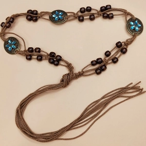 Bohemian braided waist belt with wood beads, turquoise crystal floral emblems and tassels