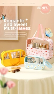 Three sizes of macaron colored waterproof cosmetic bags with floral prints and transparent panels