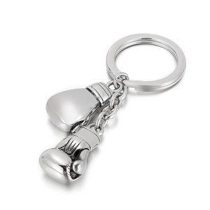 Silver stainless steel boxing glove keychain with hollow diy design and keyring