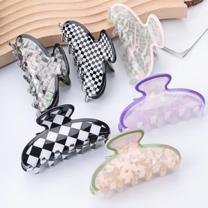 Pince à Cheveux Vintage en PVC à Damiers Grande Motif Marbre Pince Requin Fait à la Main Style Français Épingle à Cheveux Géométrique pour Femme Accessoires Quotidien