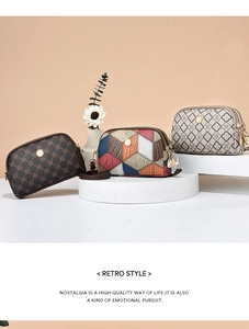 Detailed view of three vintage crossbody bags with diverse patterns on white podiums