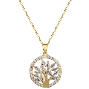 Elegant gold Tree of Life necklace with sparkling crystals on a white background