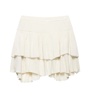 White tiered ruffle mini skirt with metallic bead trim details and elastic waist