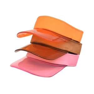Stacked colorful outdoor sun visors with translucent PVC brims shown in a detailed view
