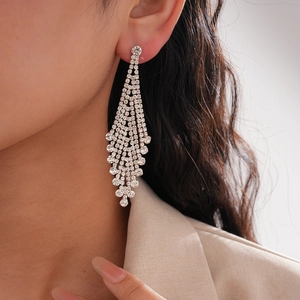 Close-up of model wearing silver tassel drop earrings with shimmering rhinestones