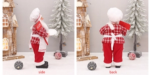 Side and back view of a Christmas Santa chef doll with a red plaid shirt and Welcome sign