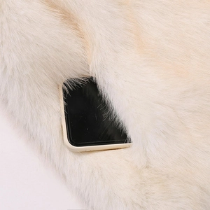 Close-up of fluffy faux fur texture and a functional pocket on this winter coat