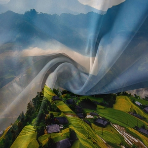Detail of bohemian wall tapestry showing digital printed green terrace landscape texture