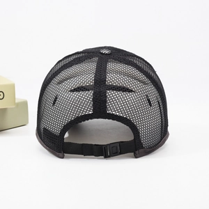 Outdoor sun protection mesh baseball cap with long brim and adjustable buckle in black