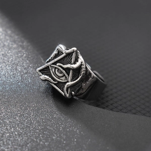 Retro punk style octopus ring with All-Seeing Eye symbol and silver finish