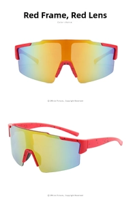 Detail of red sports sunglasses with black splatter texture and gradient reflective lenses