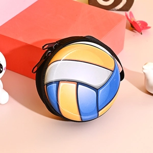 Mini round volleyball EVA hard shell coin purse with zipper and portable strap for storage