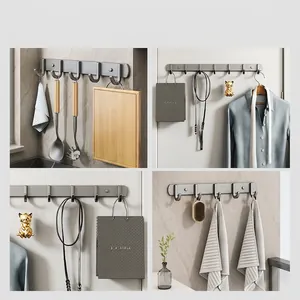 Space aluminum wall-mounted hook rack with 6 hooks for bathroom and kitchen storage