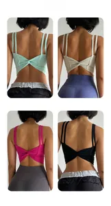 Detail of cross back knot design on high-impact sports bras in four colors