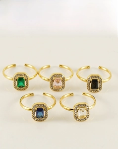 Set of five 18K gold plated stainless steel rings with colorful rectangular crystals
