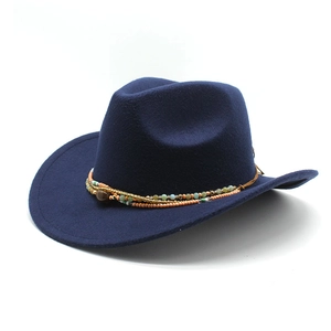 Detail of navy blue wool felt cowboy hat with bohemian colorful beaded decorative band