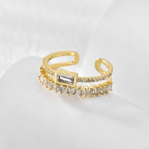 Anello regolabile a doppio strato placcato oro 18K con zirconi cubici geometrici