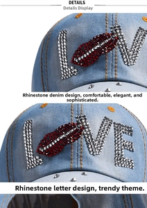 Makro-Detail der LOVE-Strasssteine und orangefarbenen Nähte auf blauer Denim-Baseballkappe