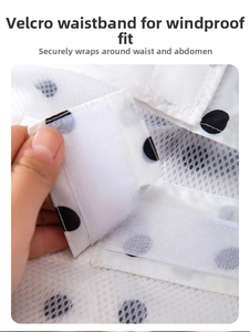 Detail of adjustable waist velcro and breathable mesh lining on polka dot dog raincoat