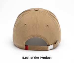 Back view of khaki cotton baseball cap featuring an adjustable silver metal buckle