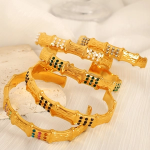 Chic gold-plated bamboo texture C-shape cuff bracelets with colorful stone inlay