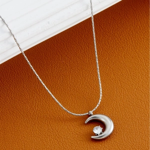 Silver crescent moon necklace with zircon stone on a sleek snake chain for women