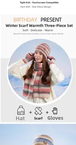 Ensemble d'hiver en tricot rayé avec écharpe, bonnet et gants tactiles dans un décor alpin