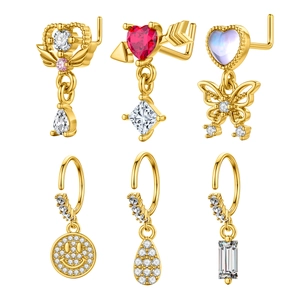 Set of 6 gold plated 18k copper nose studs with cubic zirconia in assorted shapes