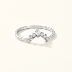 Elegant S925 silver crown ring with marquise cut crystal and V-shaped pave diamond band