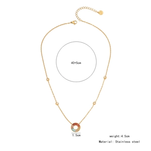 Technical view of stainless steel flower necklace with colorful circular pendant and size info