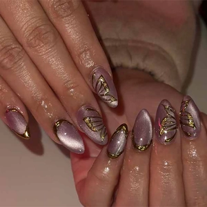 Purple Cat Eye Press On Nails With 3D Gold Butterfly Relief Elegant Almond Shape Artificial Fake Nails For Women