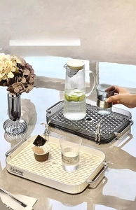 Detail of a modern double-layer draining tray with metal handles and striped drainage board