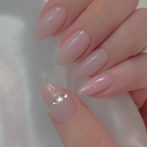 Unghie Finte Press On Forma Mandorla Lunga Rosa Nude Lucido Con Strass Manicure Elegante Per Donne
