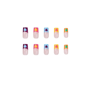 Rainbow French heart press-on nails in medium square shape with glossy finish