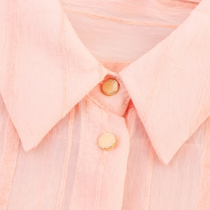 Pink striped women blouse featuring a classic collar and elegant gold trim buttons