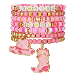 Pink western cowboy stretch bracelet set with Cowgirl letter beads and enamel charms