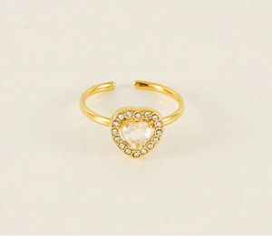 Detail of 18K gold-plated stainless steel heart-shaped open ring with cubic zirconia stones