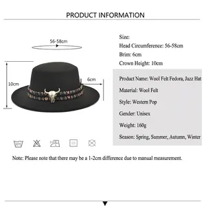 Black wool fedora with cattle head decor and ethnic band, size guide chart included