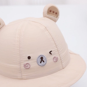 Breathable beige baby sun hat with cute bear embroidery and 3D ears for toddlers
