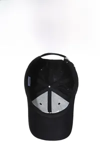 Detail of black baseball cap interior with six-panel stitching and adjustable metal buckle