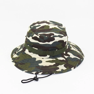 Unisex woodland camouflage boonie hat with wide brim and adjustable windproof cord
